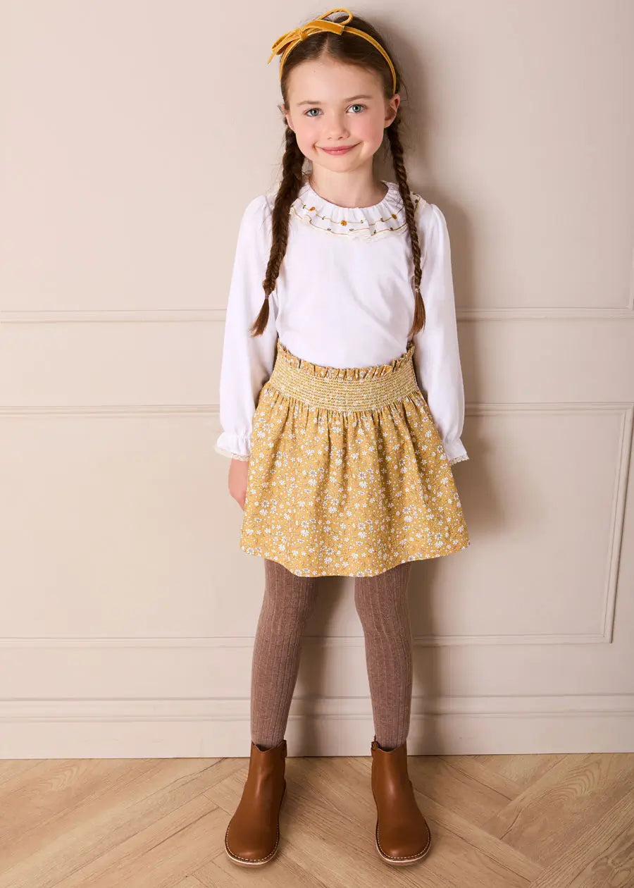 Abigail Floral Smocked Waist Skirt in Mustard (4-10yrs) Skirts from Pepa London US