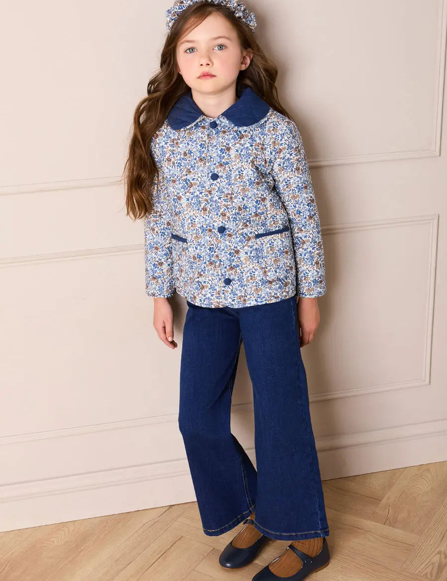 Beatrice Floral Reversible Quilted Jacket in Blue (3-10yrs) Coats from Pepa London US