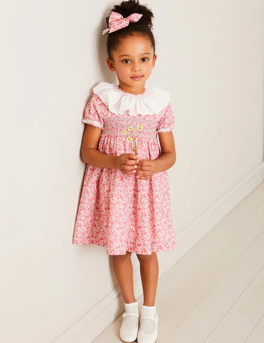 Emilia Floral Hand Smocked Ruffle Collar Short Sleeve Dress in Pink (12mths-10yrs) DRESSES from Pepa London US