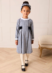 Draycott Check Long Sleeve Velvet Bow Dress in Blue (18mths-10yrs) Dresses from Pepa London US