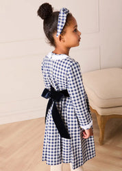 Draycott Check Long Sleeve Velvet Bow Dress in Blue (18mths-10yrs) Dresses from Pepa London US