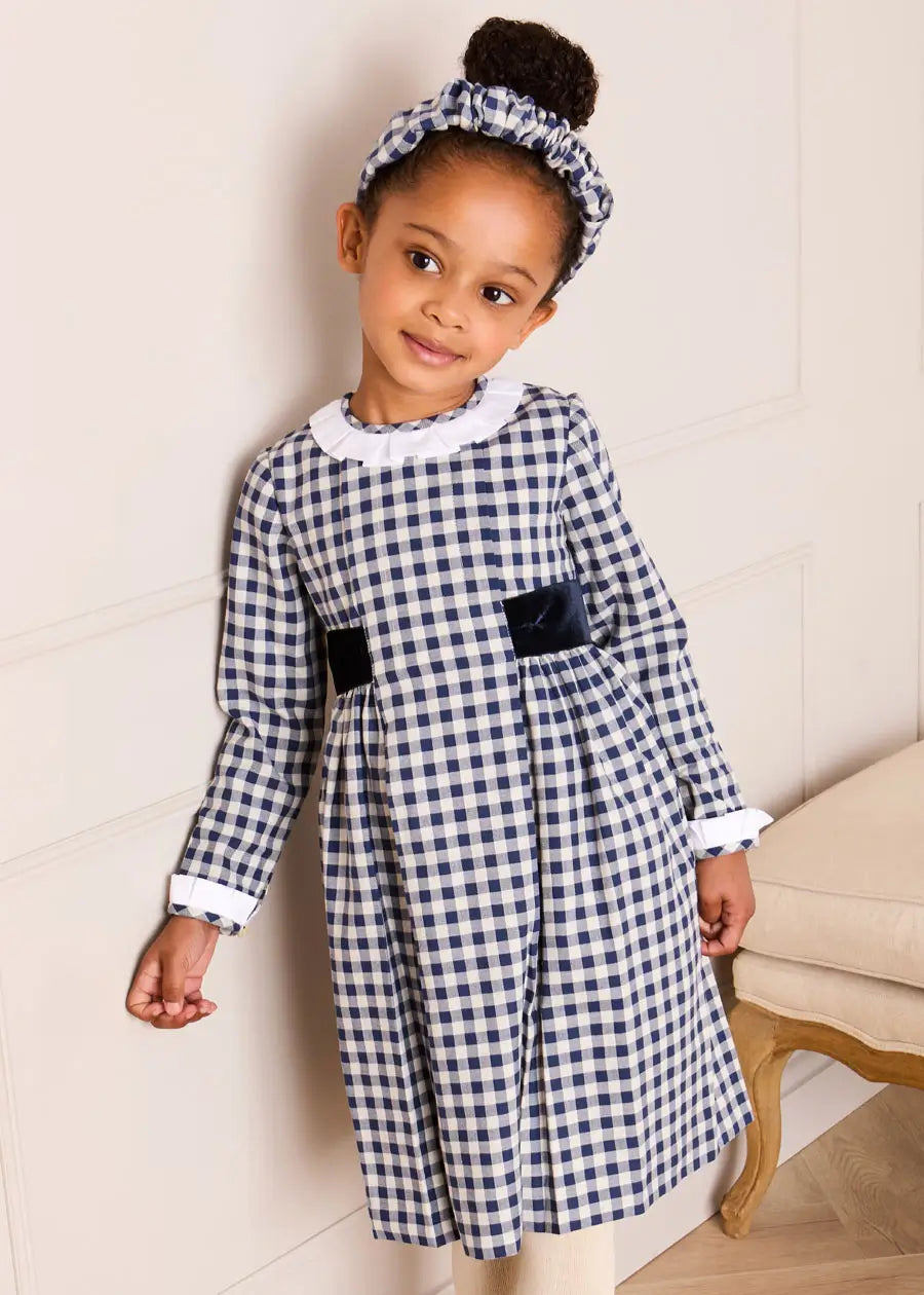 Draycott Check Long Sleeve Velvet Bow Dress in Blue (18mths-10yrs) Dresses from Pepa London US