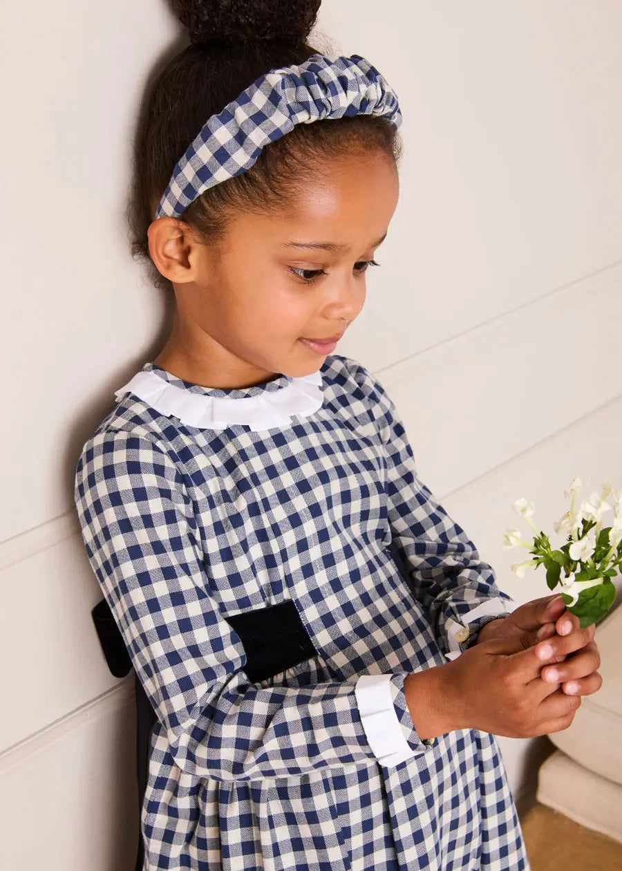 Draycott Check Long Sleeve Velvet Bow Dress in Blue (18mths-10yrs) Dresses from Pepa London US