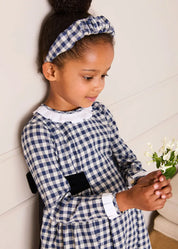 Draycott Check Long Sleeve Velvet Bow Dress in Blue (18mths-10yrs) Dresses from Pepa London US