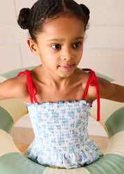 Audrey Toile Smocked Detail Swimsuit in Blue (12mths- 10yrs) SWIMWEAR from Pepa London