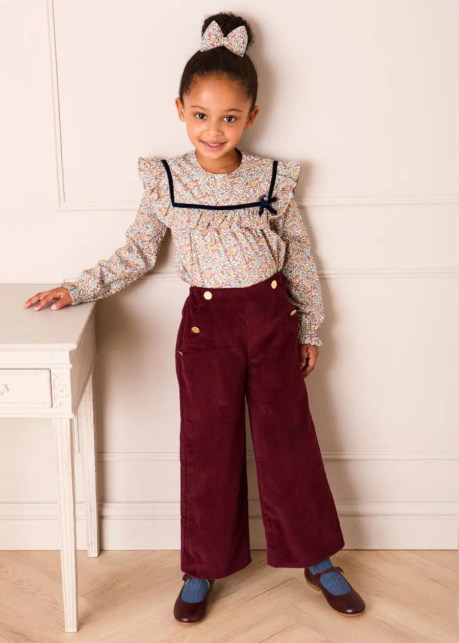 Corduroy Wide Leg Gold Button Trousers in Burgundy (4-10yrs) Trousers from Pepa London US