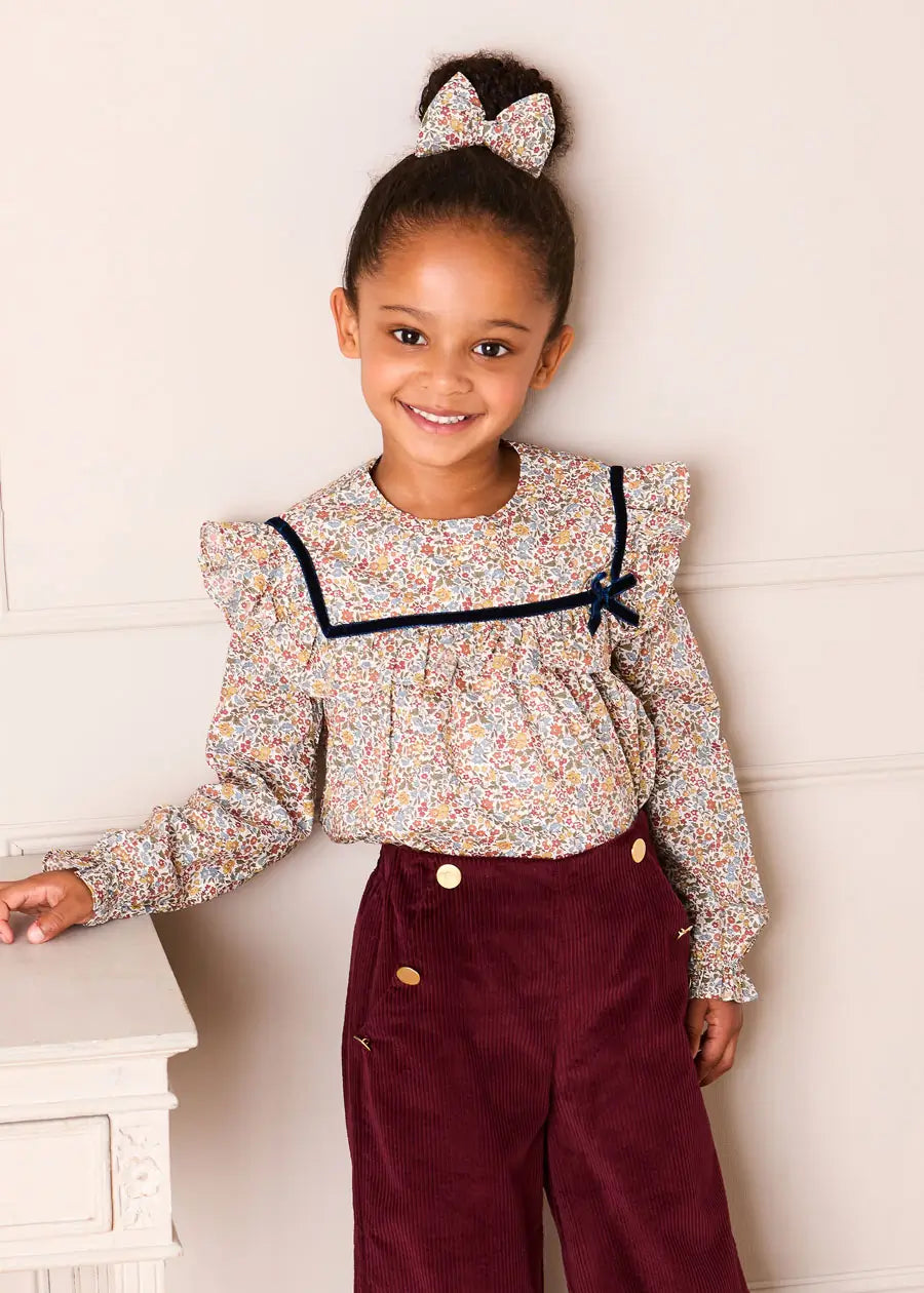 Corduroy Wide Leg Gold Button Trousers in Burgundy (4-10yrs) Trousers from Pepa London US