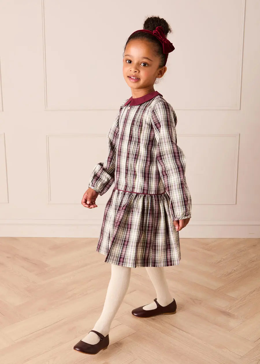 Whittaker Check Long Sleeve Pleated Dress in Burgundy (18mths-12yrs) Dresses from Pepa London US