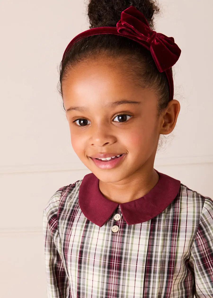 Whittaker Check Long Sleeve Pleated Dress in Burgundy (18mths-12yrs) Dresses from Pepa London US