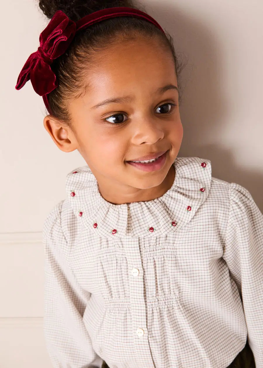 Ambrose Check Floral Embroidered Long Sleeve Blouse in Cream (4-10yrs) Blouses from Pepa London US