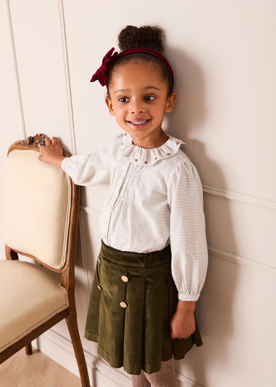 Ambrose Check Floral Embroidered Long Sleeve Blouse in Cream (4-10yrs) Blouses from Pepa London US