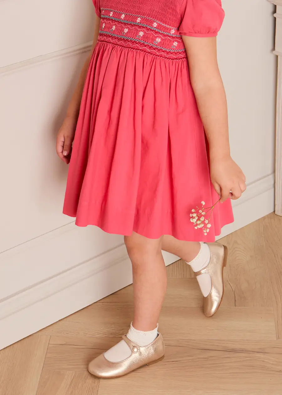 Hand Smocked Flower Embroidered Dress in Strawberry (12mths- 10yrs) DRESSES from Pepa London US