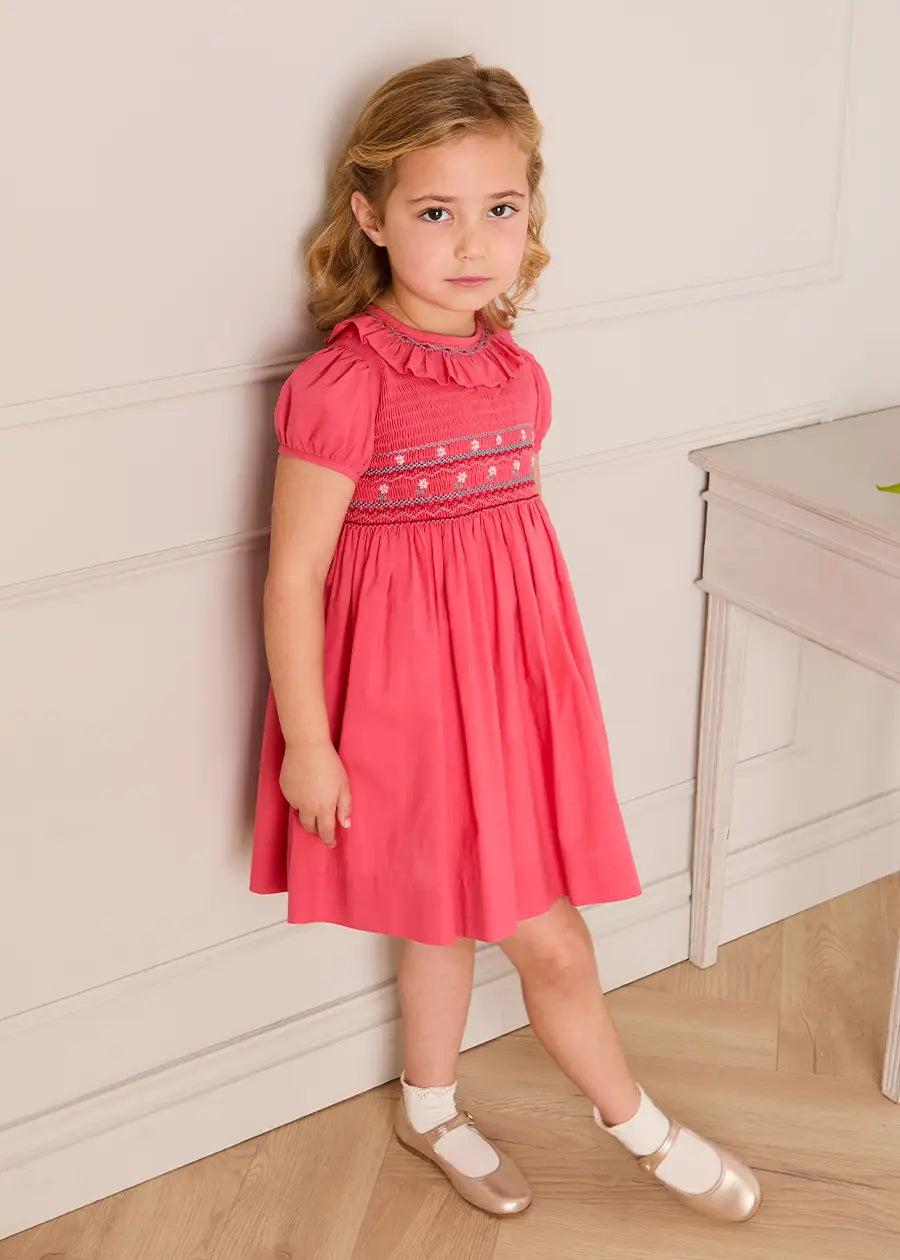 Hand Smocked Flower Embroidered Dress in Strawberry (12mths- 10yrs) DRESSES from Pepa London US