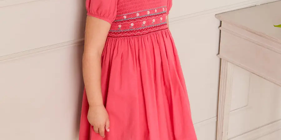 Hand Smocked Flower Embroidered Dress in Strawberry (12mths- 10yrs) Dresses from Pepa London US