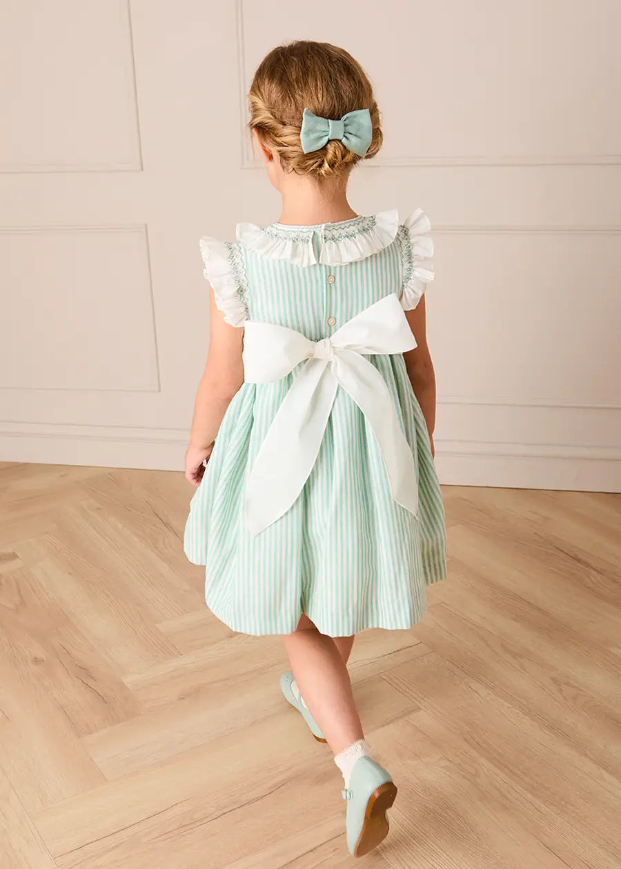 Wimbledon Stripe Hand Smocked Frill Collar Cap Sleeve Dress in Green (12mths- 10yrs) DRESSES from Pepa London US