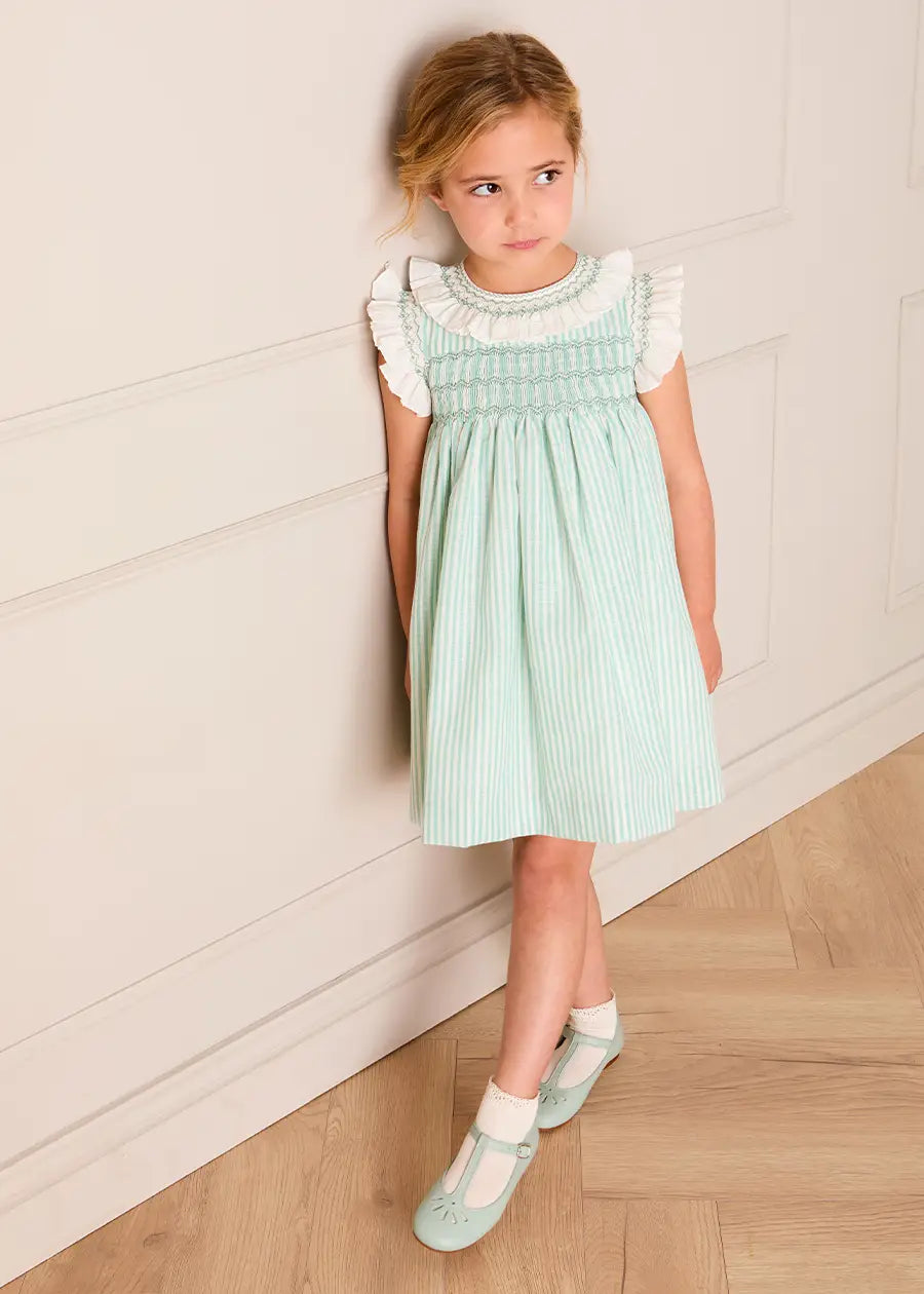 Wimbledon Stripe Hand Smocked Frill Collar Cap Sleeve Dress in Green (12mths- 10yrs) DRESSES from Pepa London US