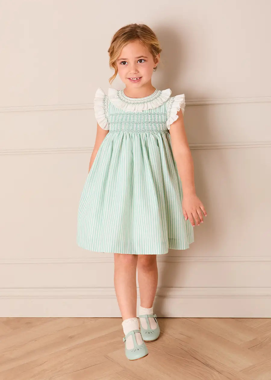 Wimbledon Stripe Hand Smocked Frill Collar Cap Sleeve Dress in Green (12mths- 10yrs) DRESSES from Pepa London US