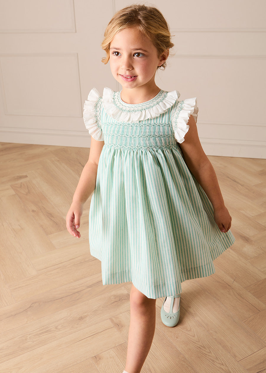Wimbledon Stripe Hand Smocked Frill Collar Cap Sleeve Dress in Green (12mths- 10yrs) DRESSES from Pepa London US