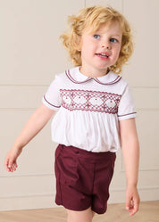 Hand Smocked Peter Pan Collar Short Sleeve Two Piece Set in Burgundy (18mths-6yrs) TWO PIECE SETS from Pepa London US