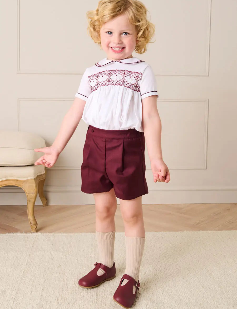 Hand Smocked Peter Pan Collar Short Sleeve Two Piece Set in Burgundy (18mths-6yrs) TWO PIECE SETS from Pepa London US