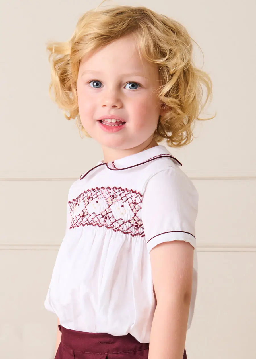 Hand Smocked Peter Pan Collar Short Sleeve Two Piece Set in Burgundy (18mths-6yrs) TWO PIECE SETS from Pepa London US