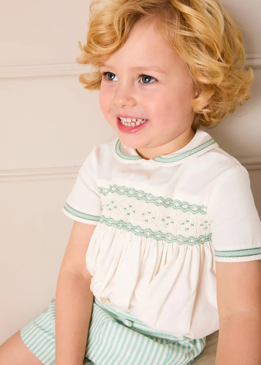 Wimbledon Stripe Hand Smocked Peter Pan Collar Two Piece Set in Green (18mths-6yrs) TWO PIECE SETS from Pepa London US