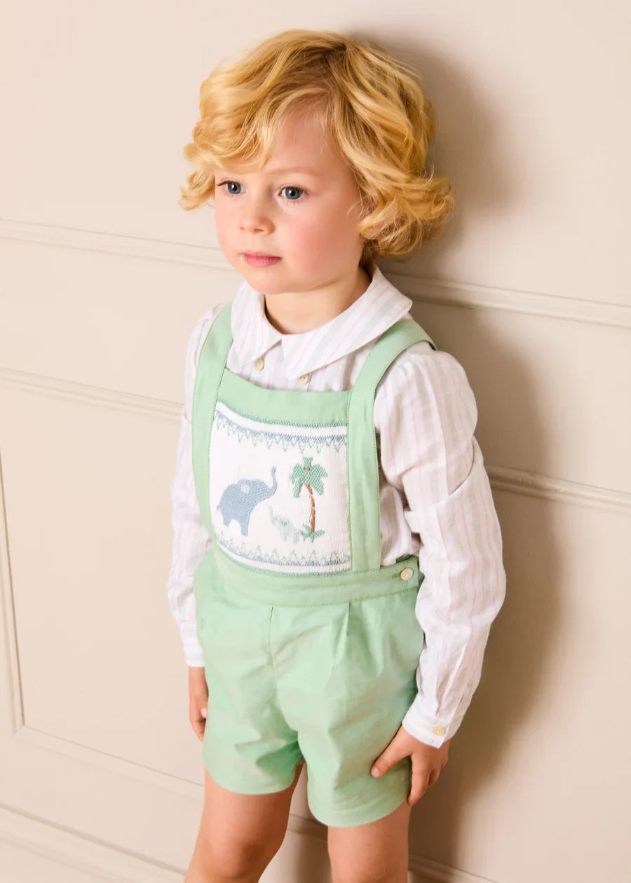 Elephant Embroidered Smocked Dungarees in Sage Green (18mths-4yrs) Shorts from Pepa London US