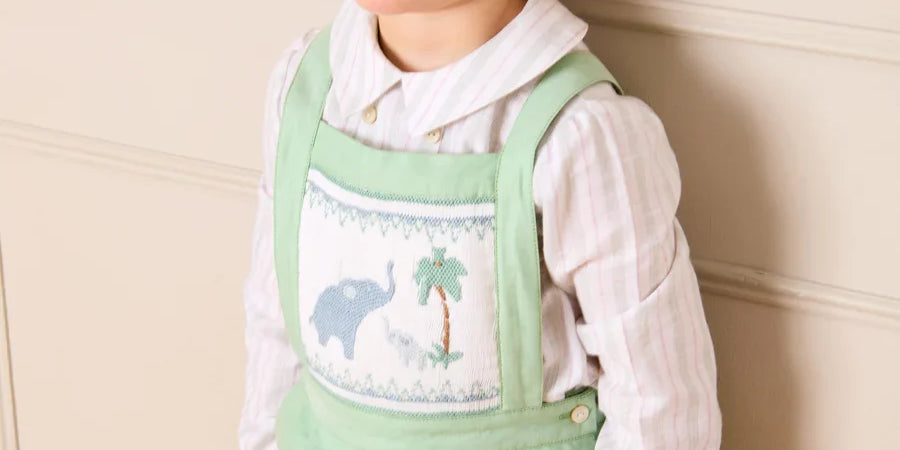 Elephant Embroidered Smocked Dungarees in Sage Green (18mths-4yrs) Shorts from Pepa London US