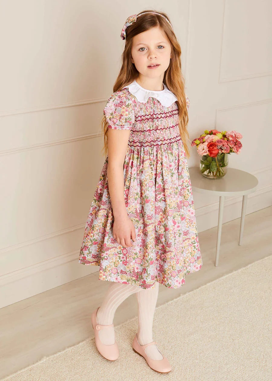 Florence Floral Hand Smocked Short Sleeve Dress in Pink (18mths-10yrs) DRESSES from Pepa London US