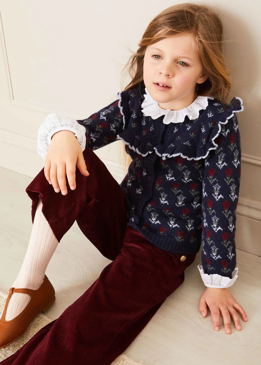 Floral Ruffle Bib Cardigan in Blue (2-10yrs) Knitwear from Pepa London US