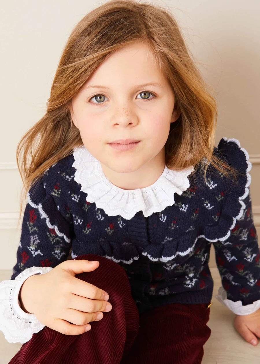 Floral Ruffle Bib Cardigan in Blue (2-10yrs) Knitwear from Pepa London US