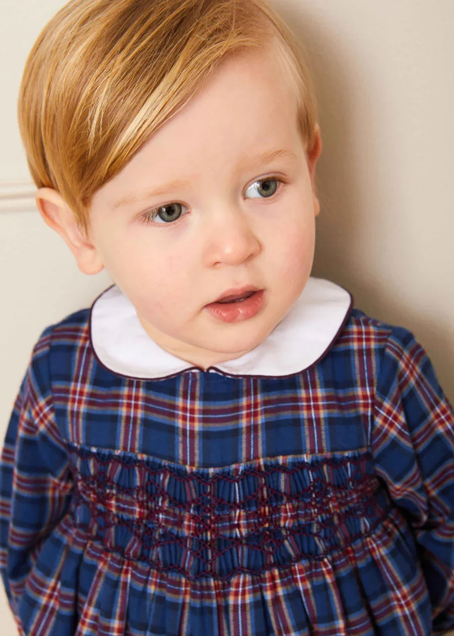 Eaton Check Hand Smocked Romper in Navy (6mths-2yrs) Rompers  from Pepa London US