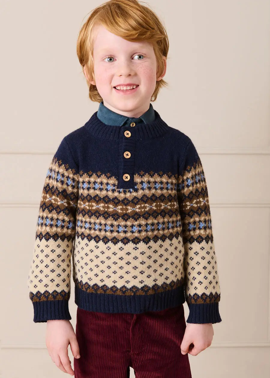 Fair Isle Jacquard Three Button Jumper in Blue (2-10yrs) Knitwear from Pepa London US