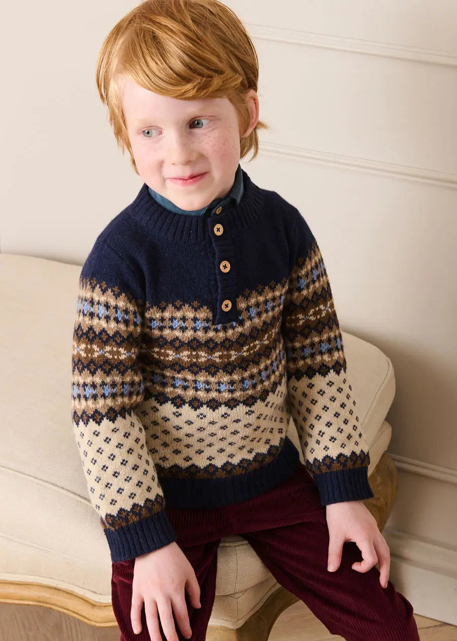Fair Isle Jacquard Three Button Jumper in Blue (2-10yrs) Knitwear from Pepa London US