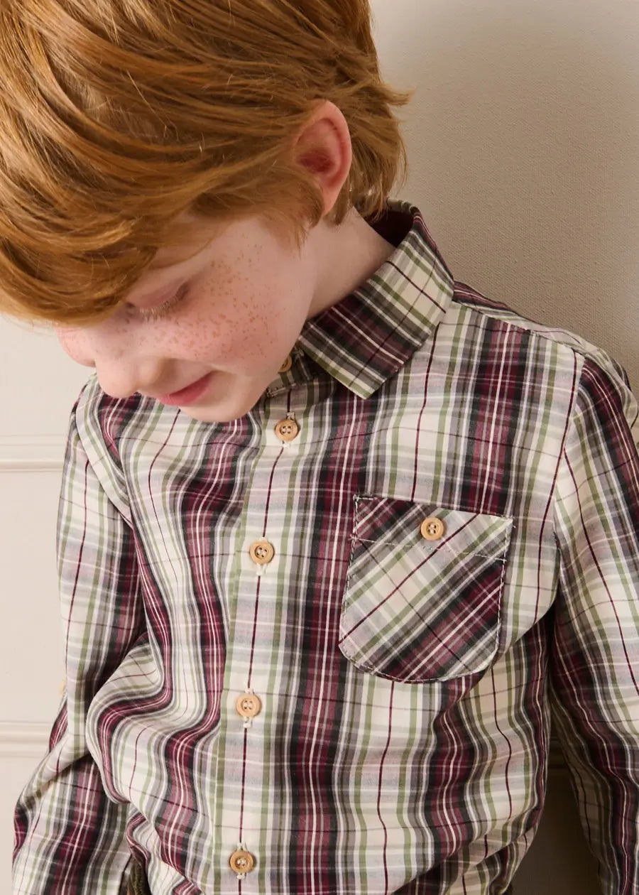 Whittaker Check Polo Collar Long Sleeve Shirt in Brown (3-10yrs) Shirts from Pepa London US