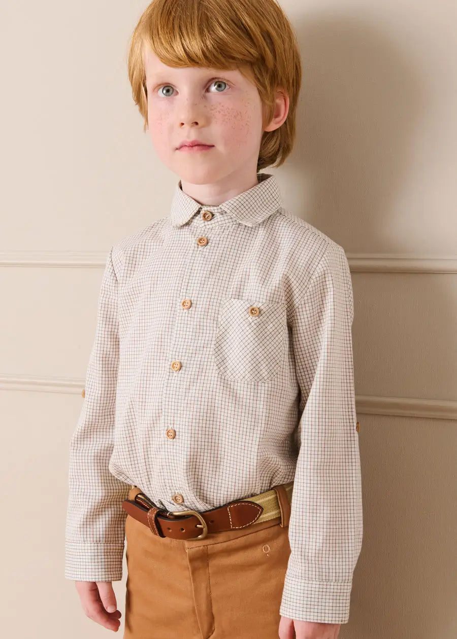 Ambrose Check Polo Collar Long Sleeve Shirt in Beige (12mths-10yrs) Shirts from Pepa London US