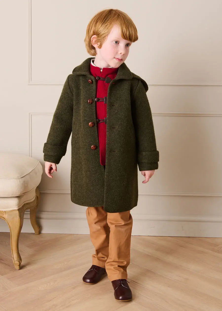 Double Faced Wool Toggle Fastening Duffle Coat in Green (4-10yrs) Coats from Pepa London US