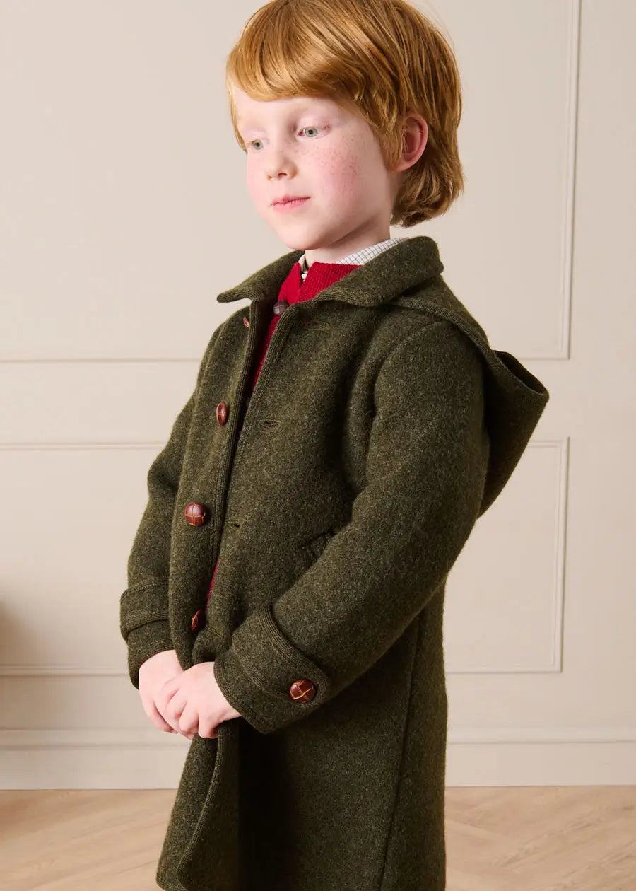 Double Faced Wool Toggle Fastening Duffle Coat in Green (4-10yrs) Coats from Pepa London US