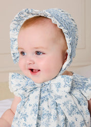 Audrey Toile Capped Sleeve Hand Smocked Dress with Bloomers in Blue (3-12mths) Dresses from Pepa London