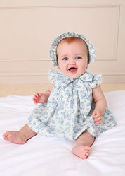 Audrey Toile Capped Sleeve Hand Smocked Dress with Bloomers in Blue (3-12mths) Dresses from Pepa London