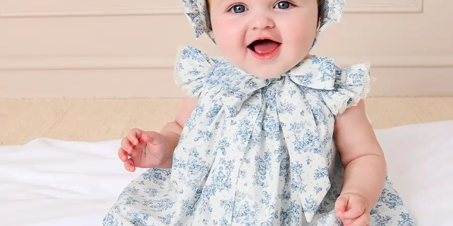 Audrey Toile Capped Sleeve Hand Smocked Dress with Bloomers in Blue (3-12mths) DRESSES from Pepa London US