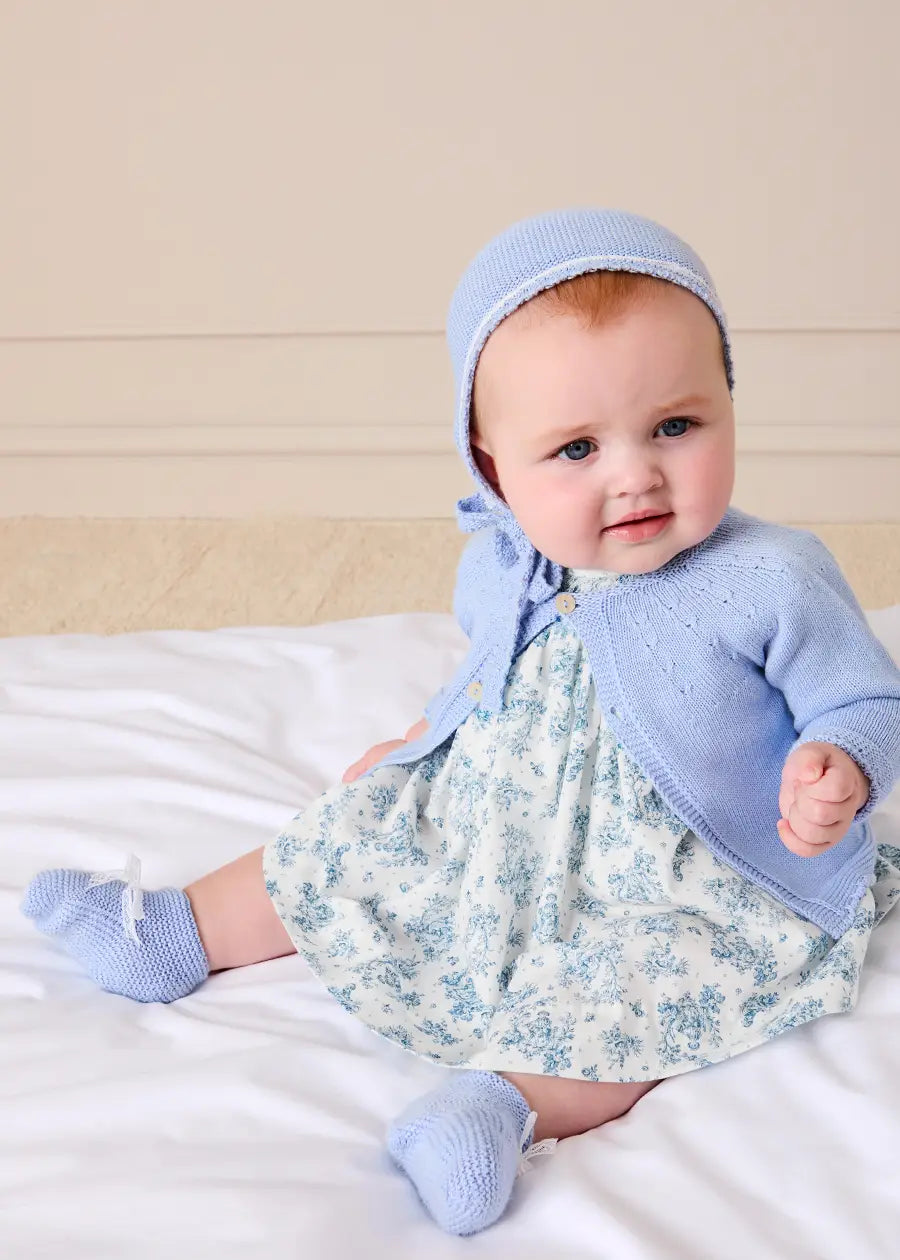 Audrey Toile Capped Sleeve Hand Smocked Dress with Bloomers in Blue (3-12mths) Dresses from Pepa London