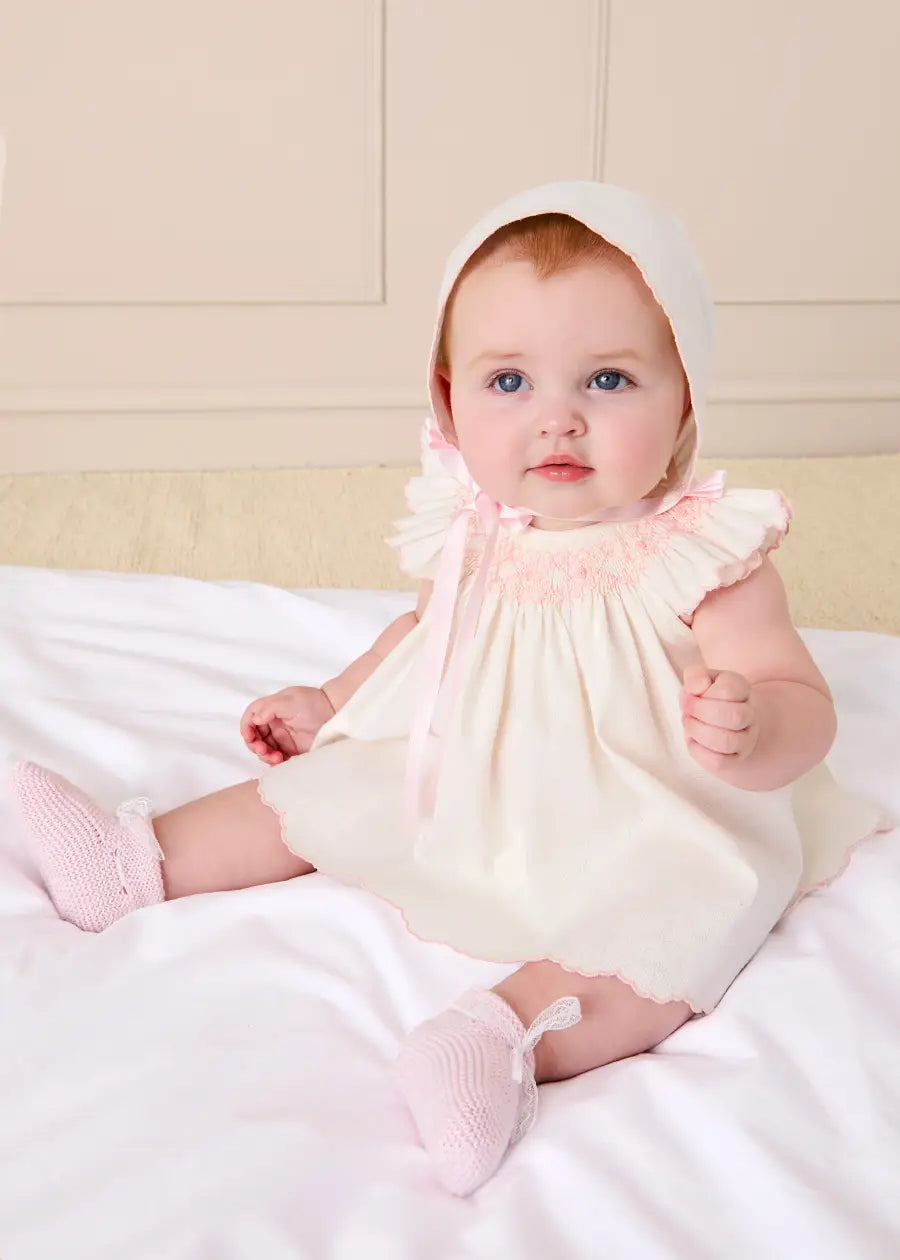 Linen Blend Hand Smocked Cap Sleeve Dress With Bloomers in White (1-6mths) Dresses from Pepa London US