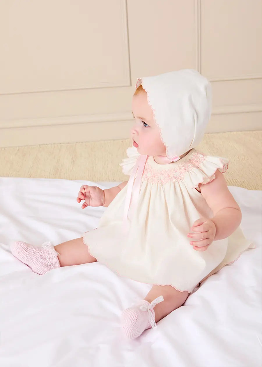 Linen Blend Hand Smocked Cap Sleeve Dress With Bloomers in White (1-6mths) Dresses from Pepa London US