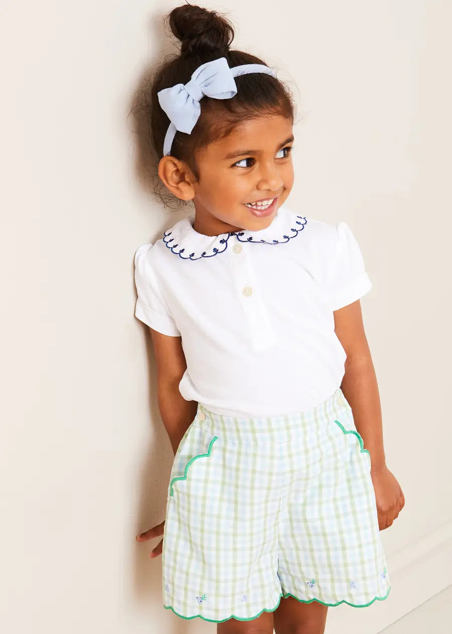 Maxwell Gingham Scallop Trim Embroidered Shorts in Green (18mths-10yrs) SHORTS from Pepa London US