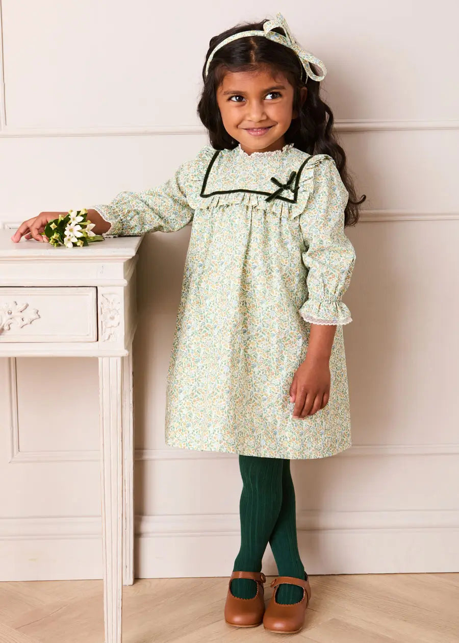 Adelaide Floral Velvet Bow Long Sleeve Trapeze Dress in Green (18mths-10yrs) Dresses from Pepa London US