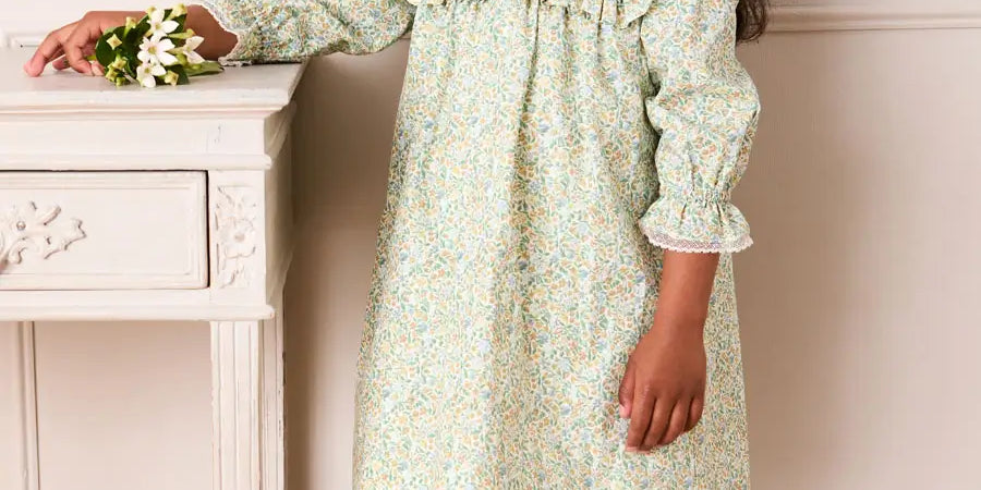 Adelaide Floral Velvet Bow Long Sleeve Trapeze Dress in Green (18mths-10yrs) Dresses from Pepa London US