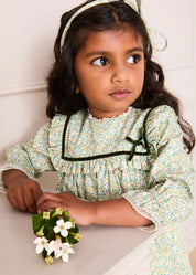 Adelaide Floral Velvet Bow Long Sleeve Trapeze Dress in Green (18mths-10yrs) Dresses from Pepa London US