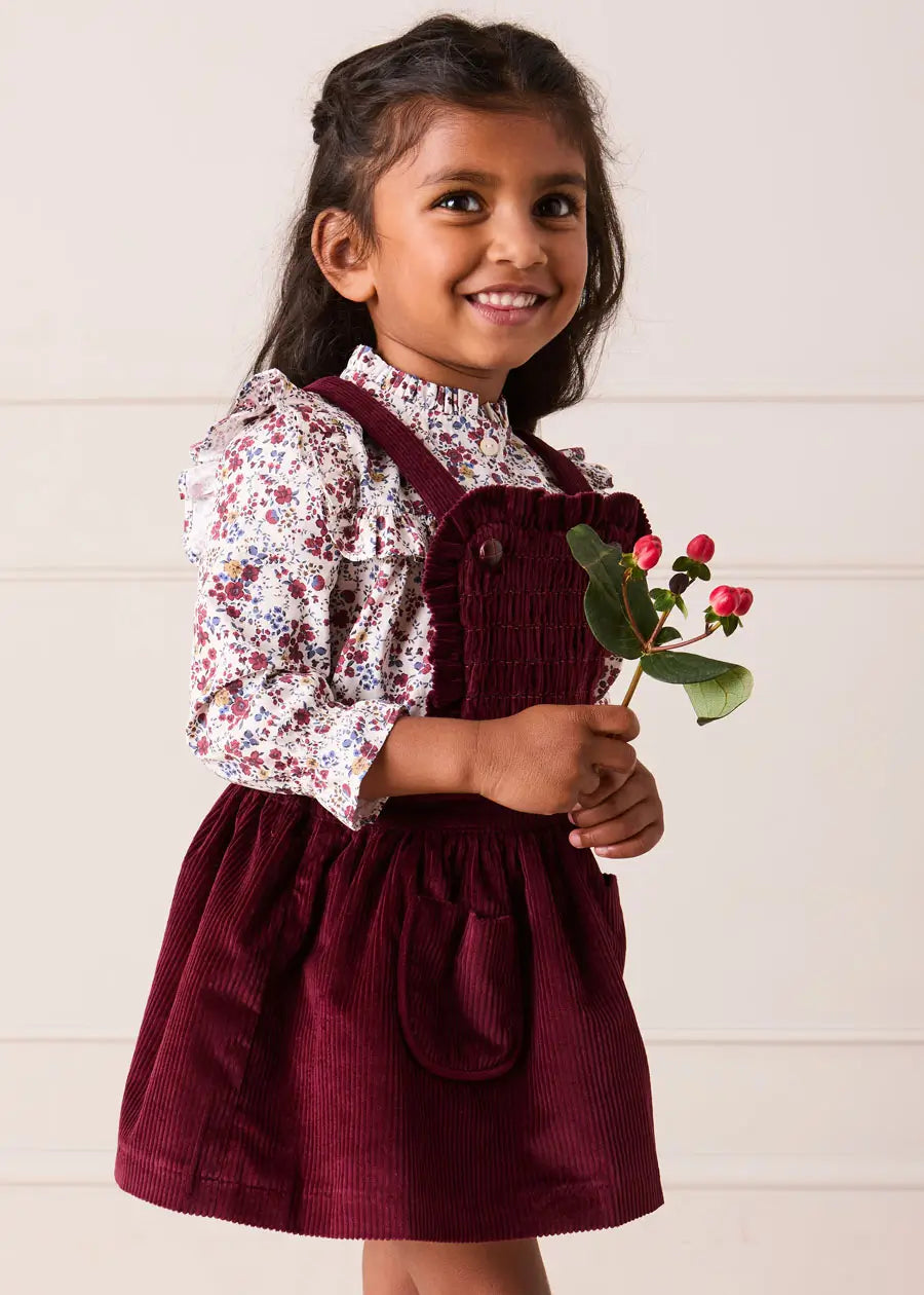 Louisa Floral Ruffle Trim Long Sleeve Blouse in Burgundy (4-10yrs) Blouses from Pepa London US