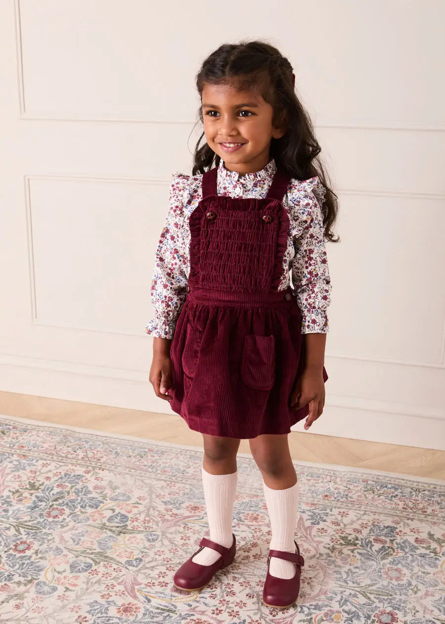 Louisa Floral Ruffle Trim Long Sleeve Blouse in Burgundy (4-10yrs) Blouses from Pepa London US